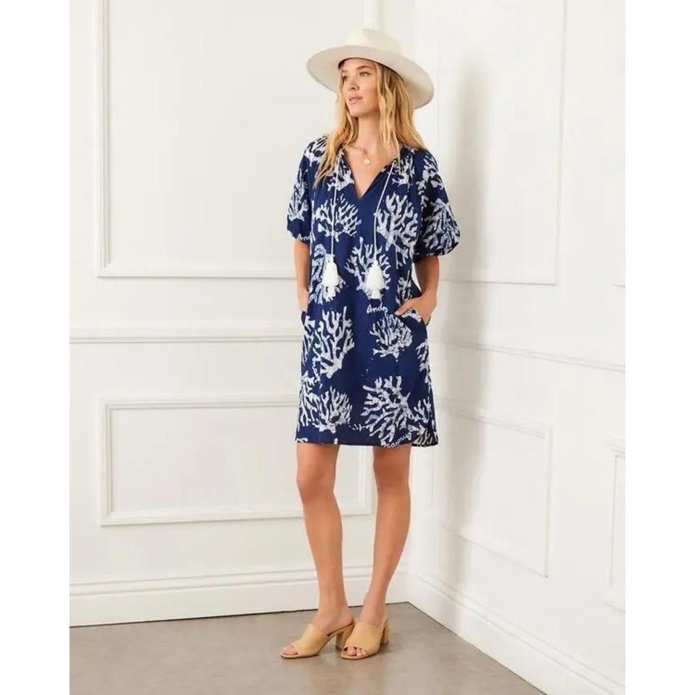 Karen Kane Navy Blue Puff Sleeves Tassel Shift Dress M Pockets Coral Batik Print